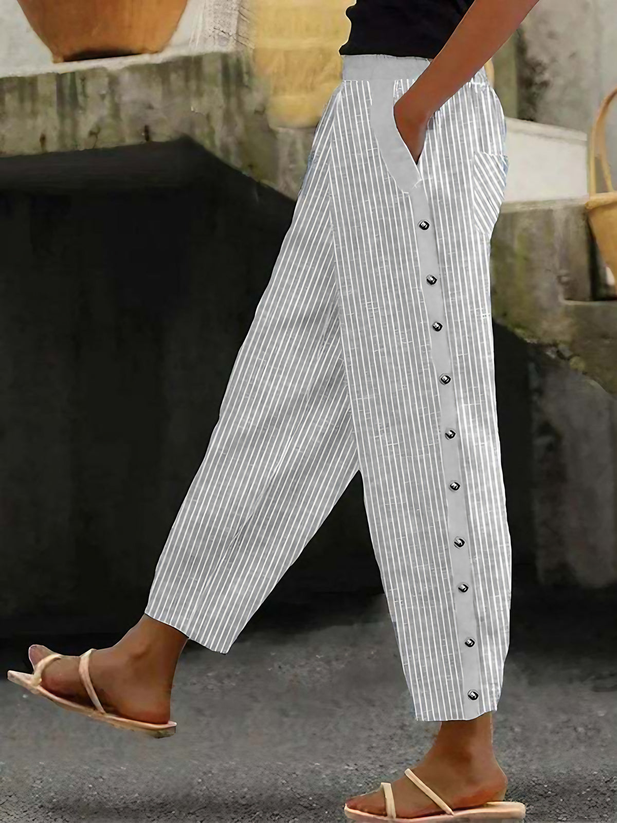 Pantalon rayé femme coupe fluide, bleu ou gris, du S au 3XL, gris