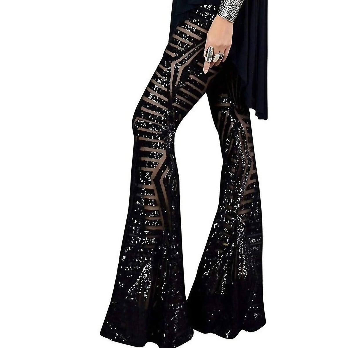 Pantalon évasé à paillettes femme, coupe décontractée, noir