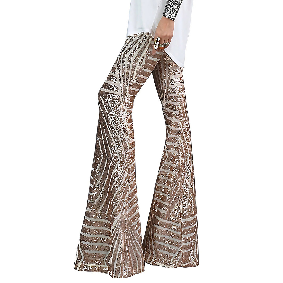 Pantalon évasé à paillettes femme, coupe décontractée, abricot