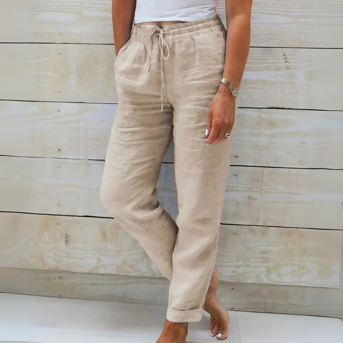Pantalon fluide femme d'été, taille élastique à cordon, beige