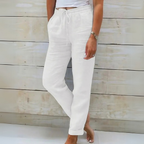 Pantalon fluide femme d'été, taille élastique à cordon, blanc