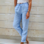 Pantalon fluide femme d'été, taille élastique à cordon, bleu clair