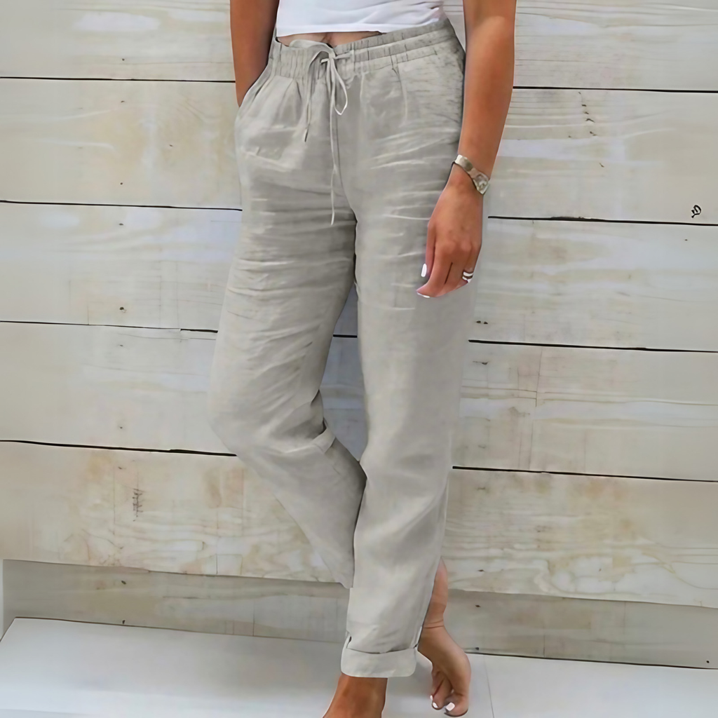 Pantalon fluide femme d'été, taille élastique à cordon, gris