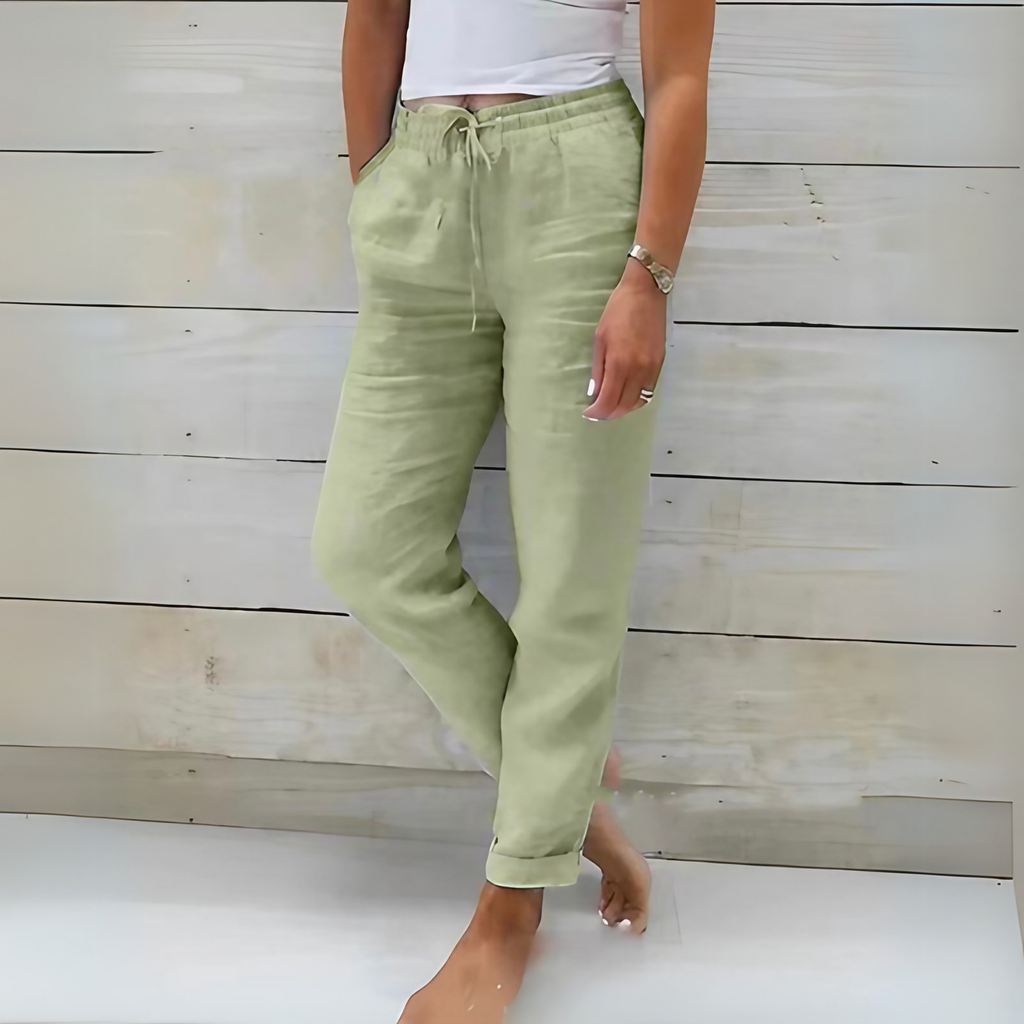 Pantalon fluide femme d'été, taille élastique à cordon, vert