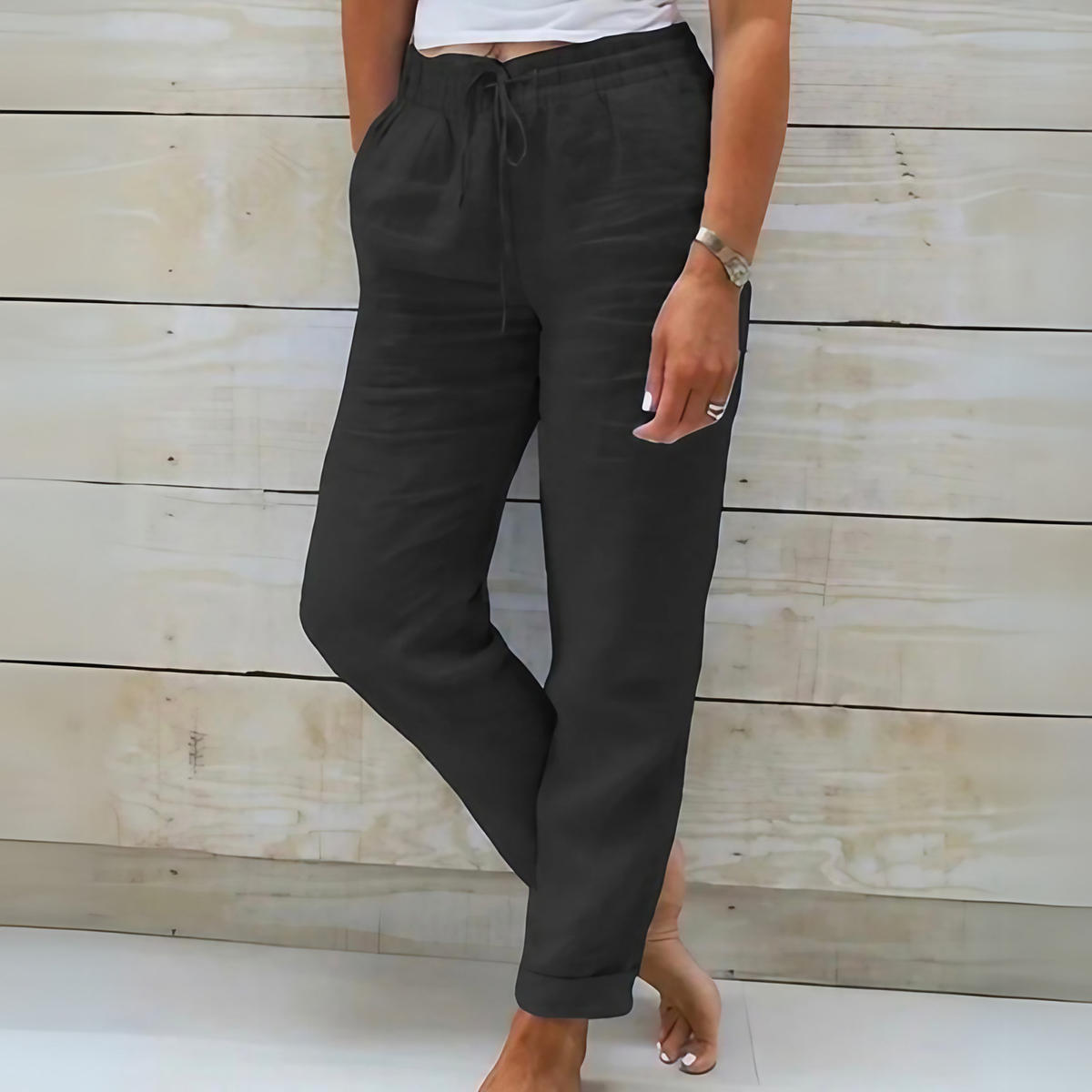 Pantalon fluide femme d'été, taille élastique à cordon, noir