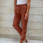 Pantalon fluide femme d'été, taille élastique à cordon, rouge brique