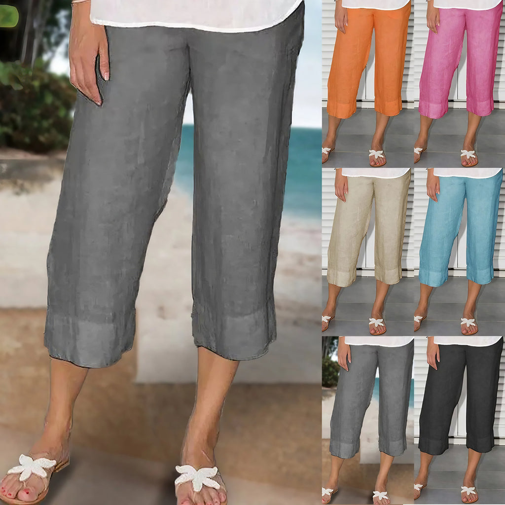 Pantalon en lin femme taille haute, cordon de serrage, coupe droite