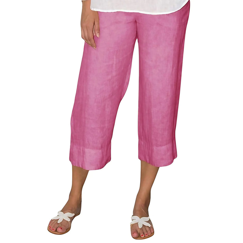 Pantalon en lin femme taille haute, cordon de serrage, coupe droite, rose