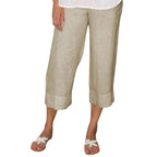 Pantalon en lin femme taille haute, cordon de serrage, coupe droite, beige