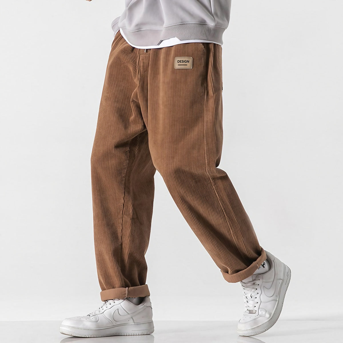 Pantalon homme effet velours côtelé, coupe droite, taille à cordon, kaki
