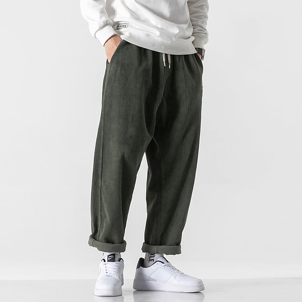 Pantalon homme effet velours côtelé, coupe droite, taille à cordon, vert