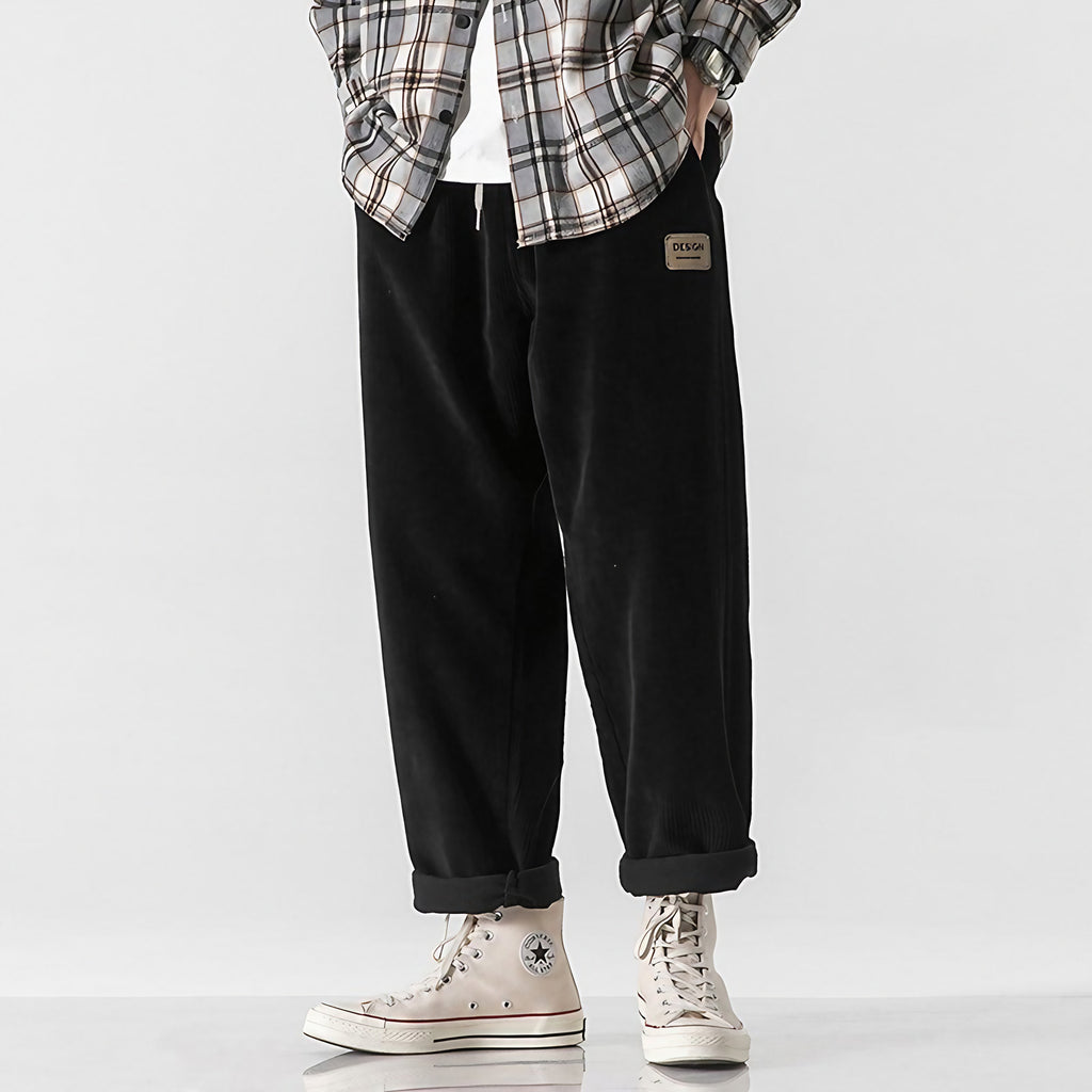 Pantalon homme effet velours côtelé, coupe droite, taille à cordon, noir