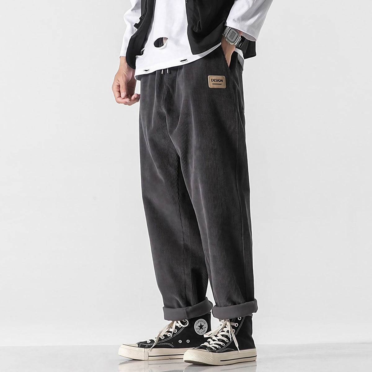 Pantalon homme effet velours côtelé, coupe droite, taille à cordon, gris