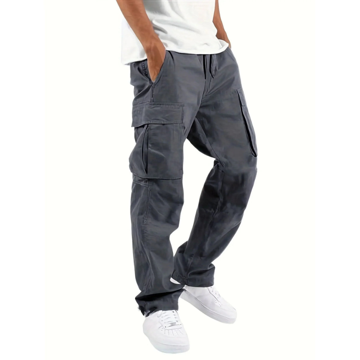 Pantalon cargo homme coupe droite et large, six coloris, gris foncé