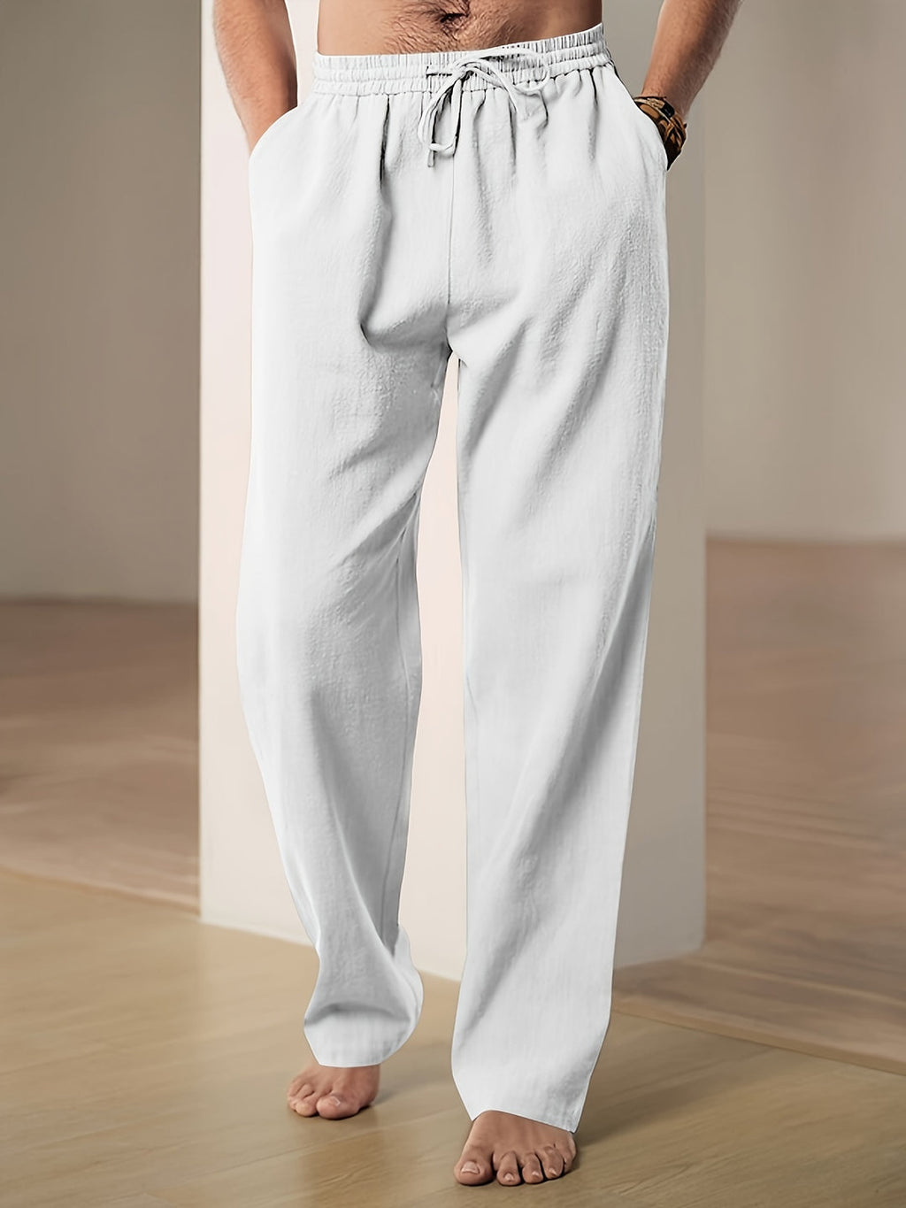 Pantalon d'été homme à taille élastique et cordon, sept coloris, blanc