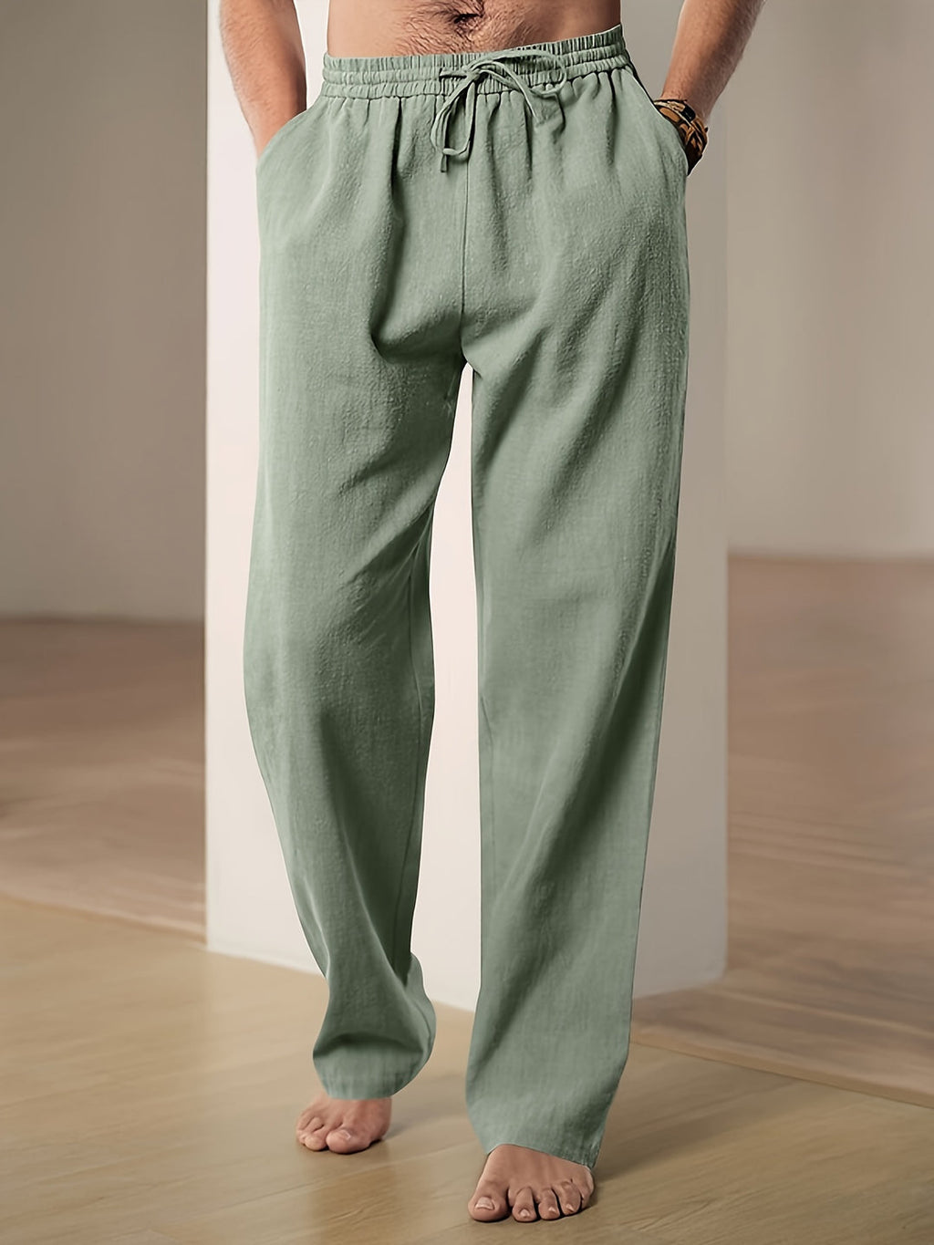 Pantalon d'été homme à taille élastique et cordon, sept coloris, vert