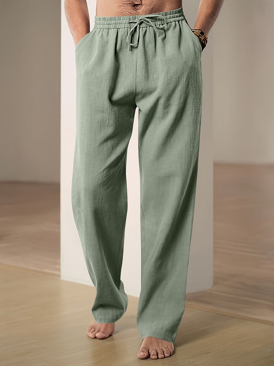 Pantalon d'été homme à taille élastique et cordon, sept coloris, vert