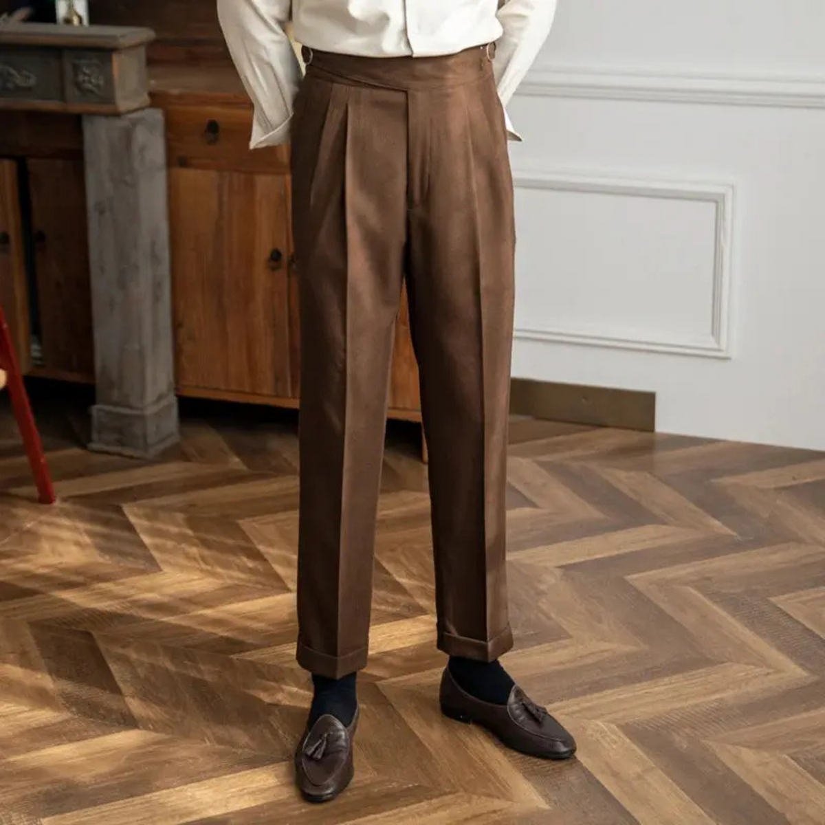 Pantalon homme coupe droite, beige, marron ou noir, du S au 2XL