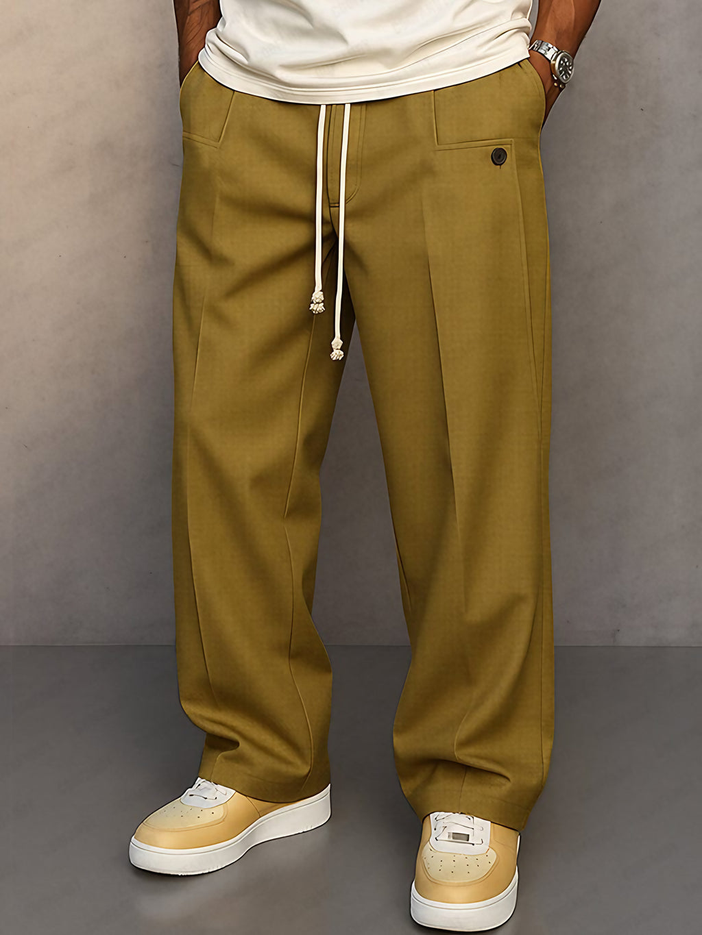Pantalon large homme à taille élastique et cordon, six coloris, kaki