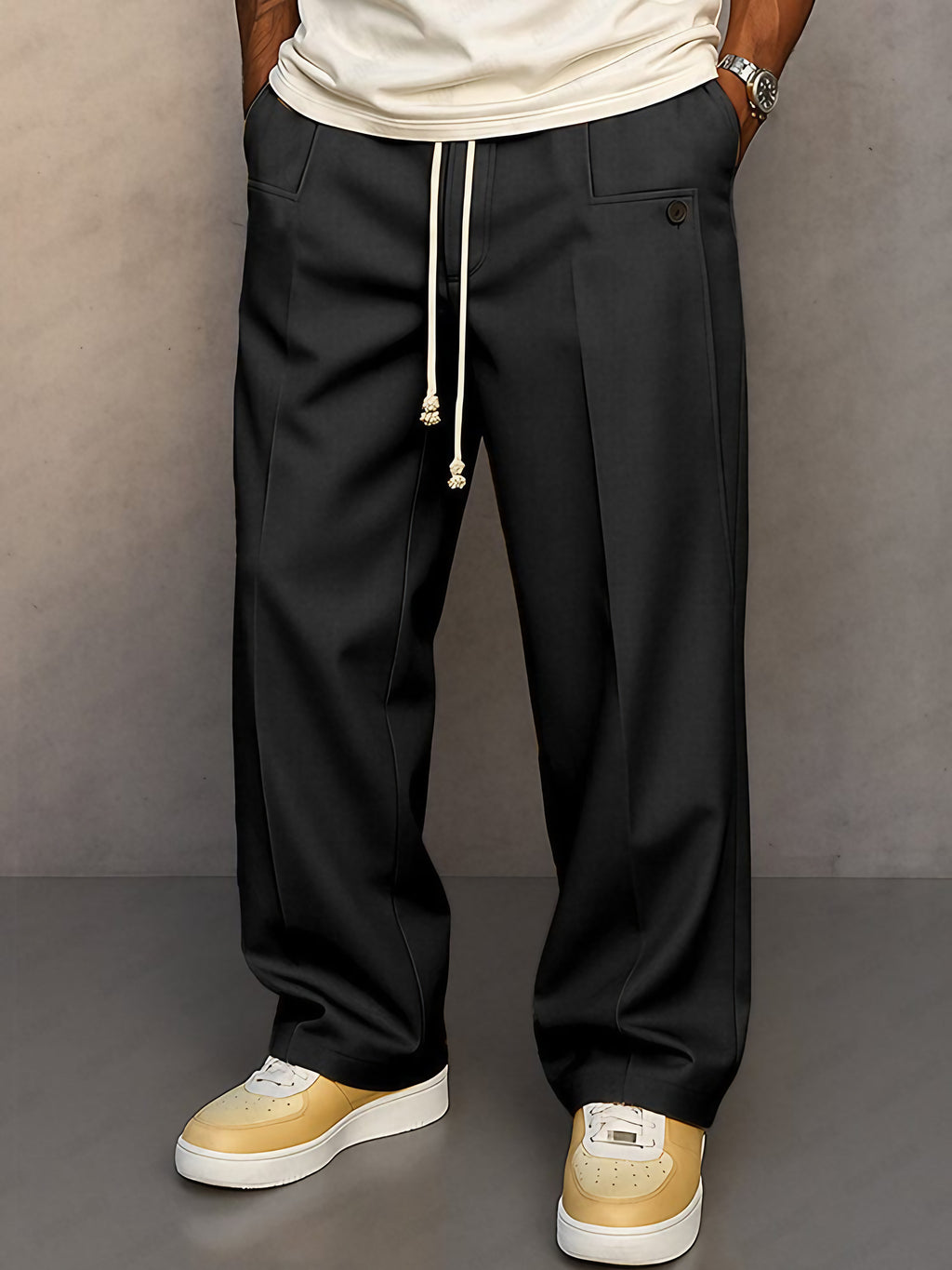 Pantalon large homme à taille élastique et cordon, six coloris, noir