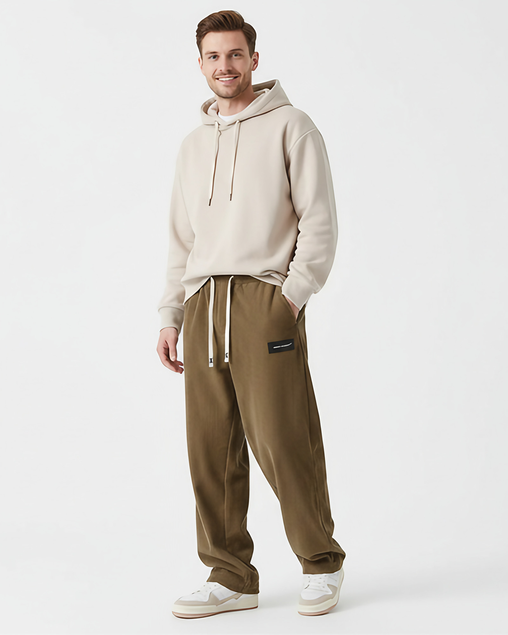 Pantalon chaud homme, taille à cordon, poches profondes, marron