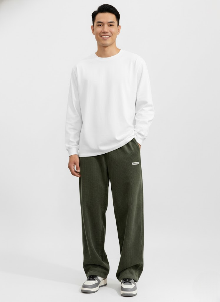 Pantalon homme en velours côtelé, jambe droite, taille cordon, vert