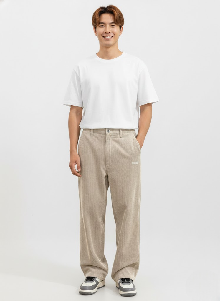 Pantalon homme en velours côtelé, jambe droite, taille cordon, beige