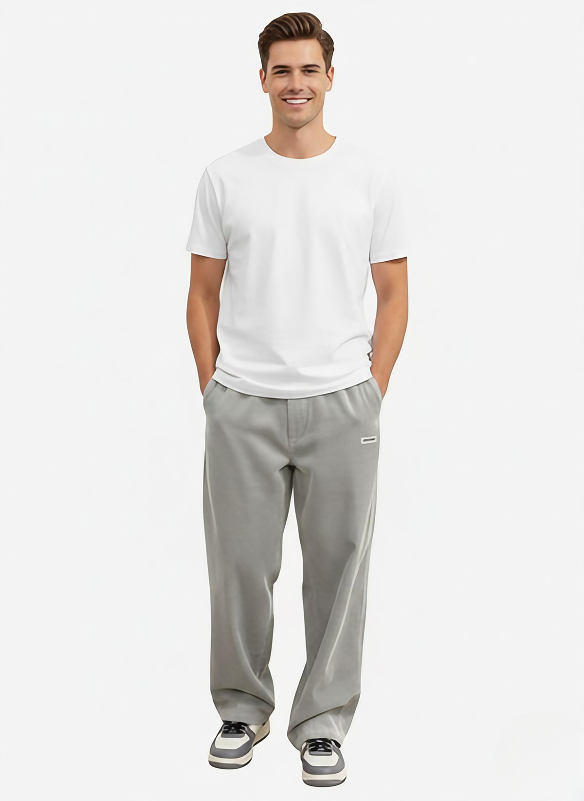 Pantalon homme en velours côtelé, jambe droite, taille cordon, gris