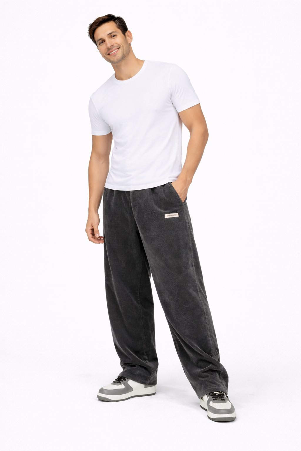 Pantalon homme en velours côtelé, jambe droite, taille cordon, gris foncé