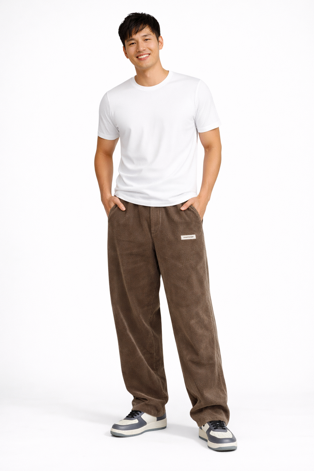 Pantalon homme en velours côtelé, jambe droite, taille cordon, marron