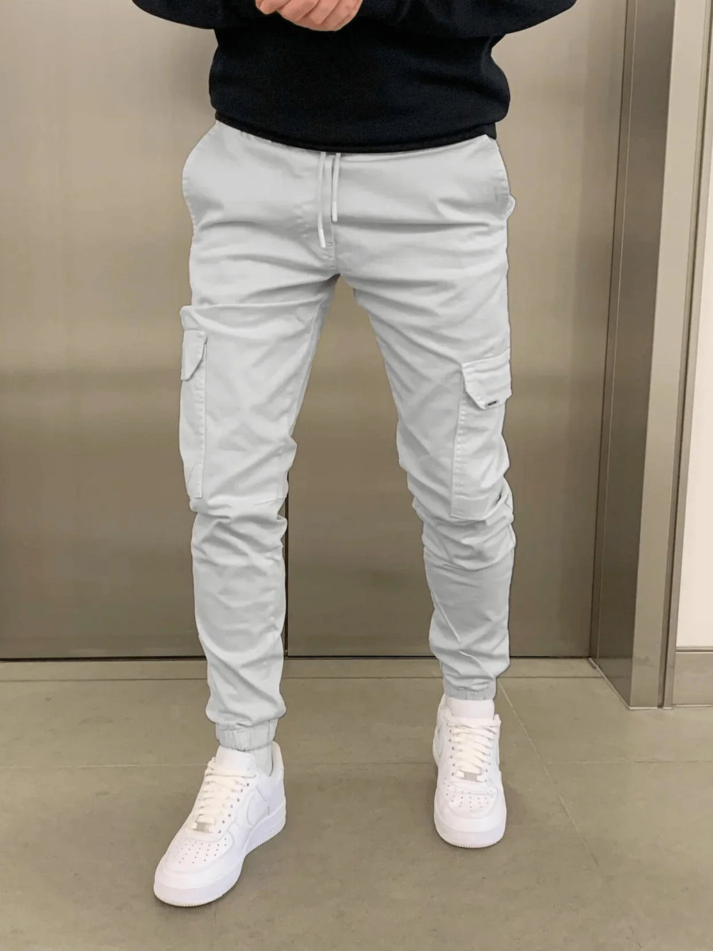 Pantalon jogger cargo homme ajusté, taille élastique, six coloris, gris clair