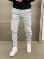 Pantalon jogger cargo homme ajusté, taille élastique, six coloris, gris clair