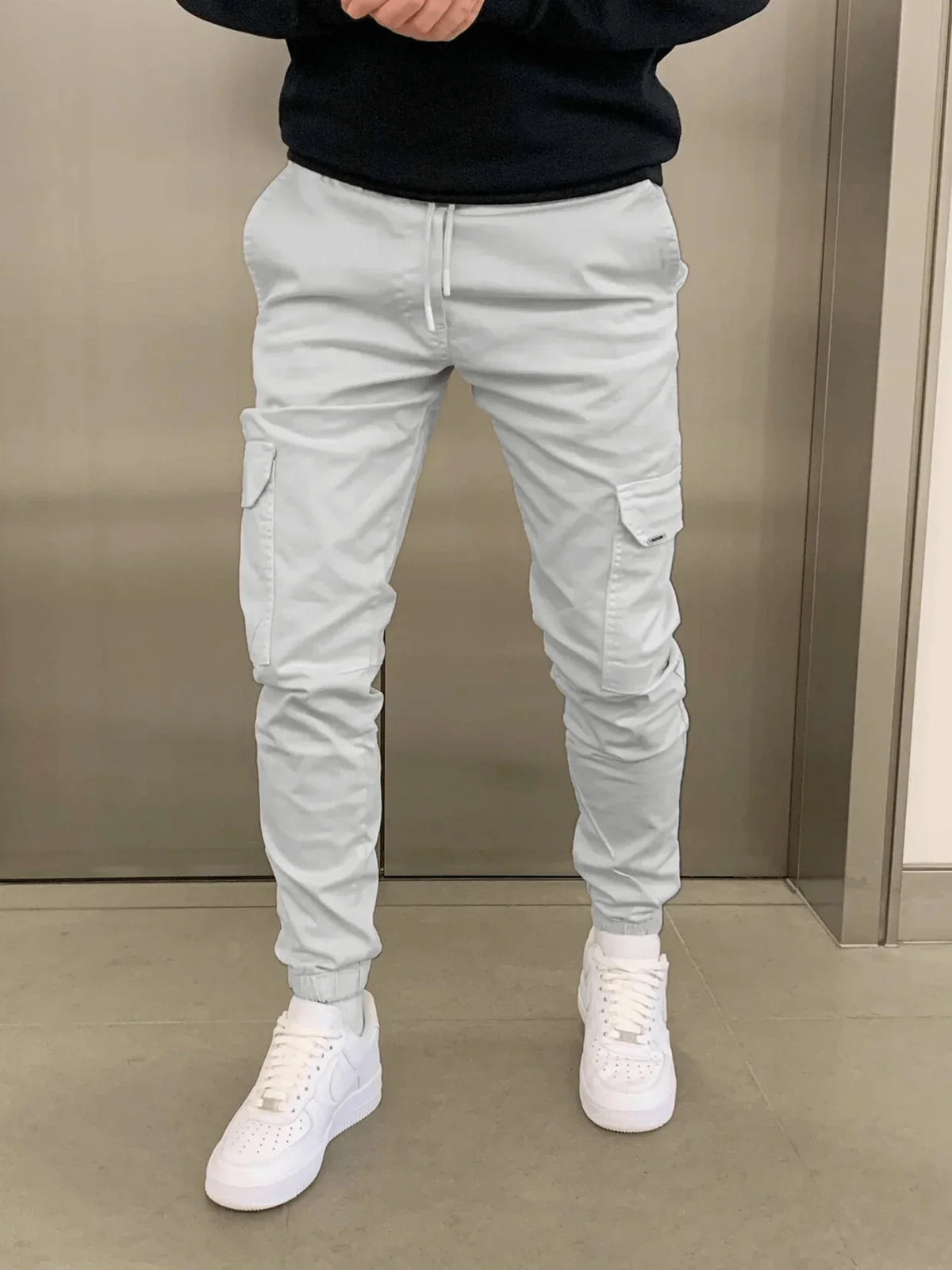 Pantalon jogger cargo homme ajusté, taille élastique, six coloris, gris clair