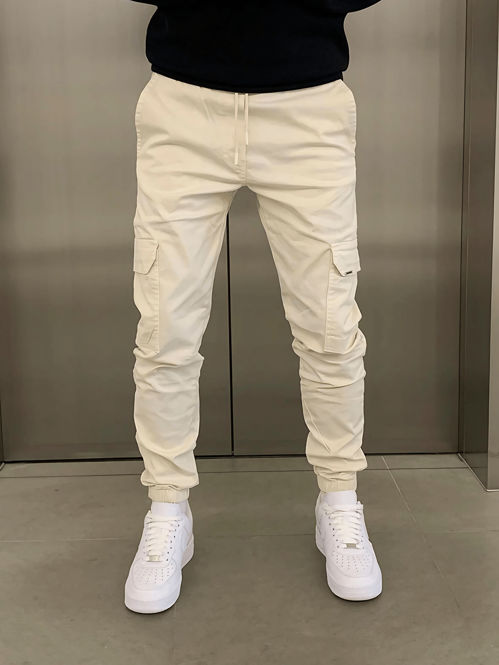 Pantalon jogger cargo homme ajusté, taille élastique, six coloris, beige