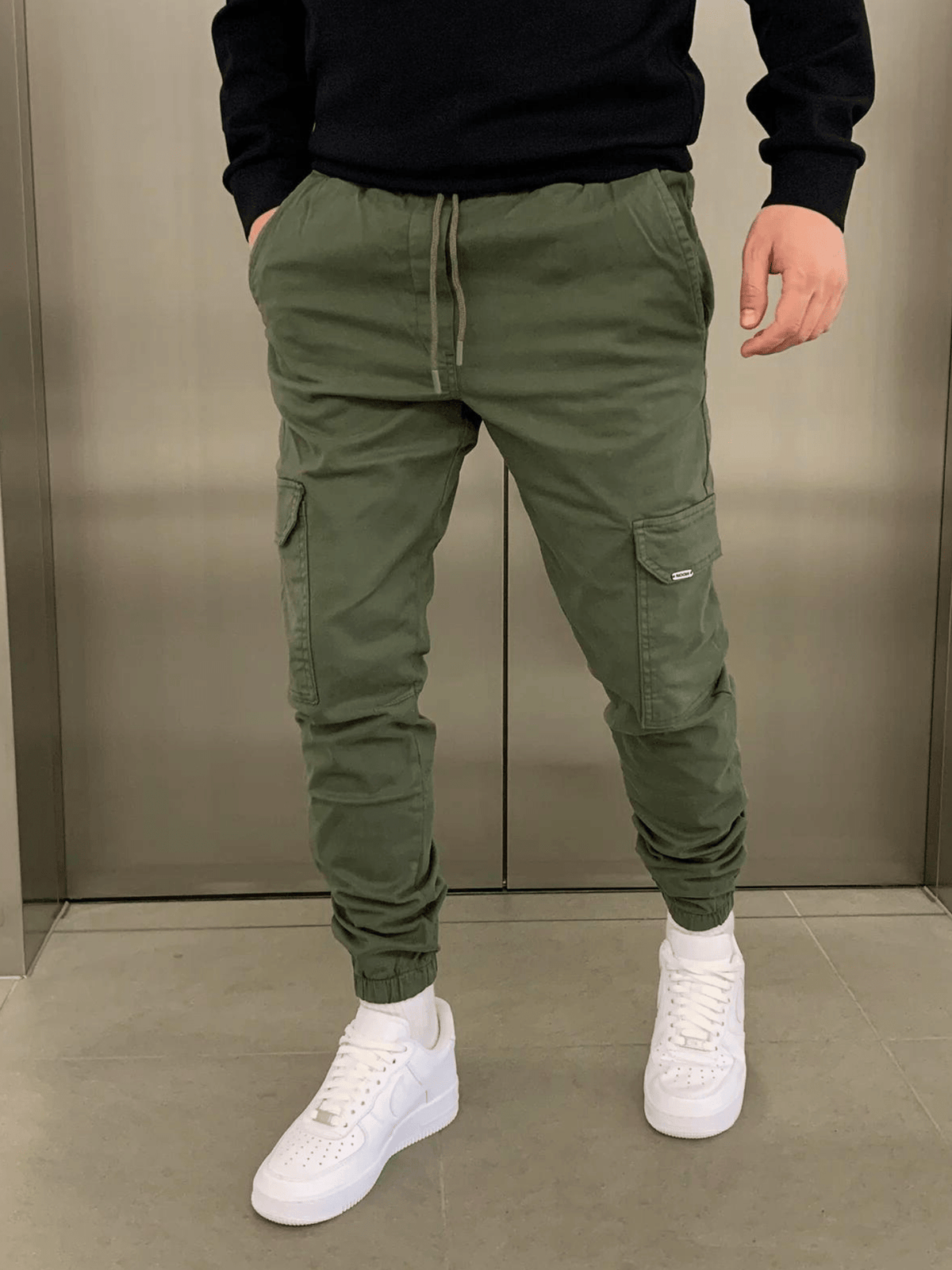 Pantalon jogger cargo homme ajusté, taille élastique, six coloris, vert armée