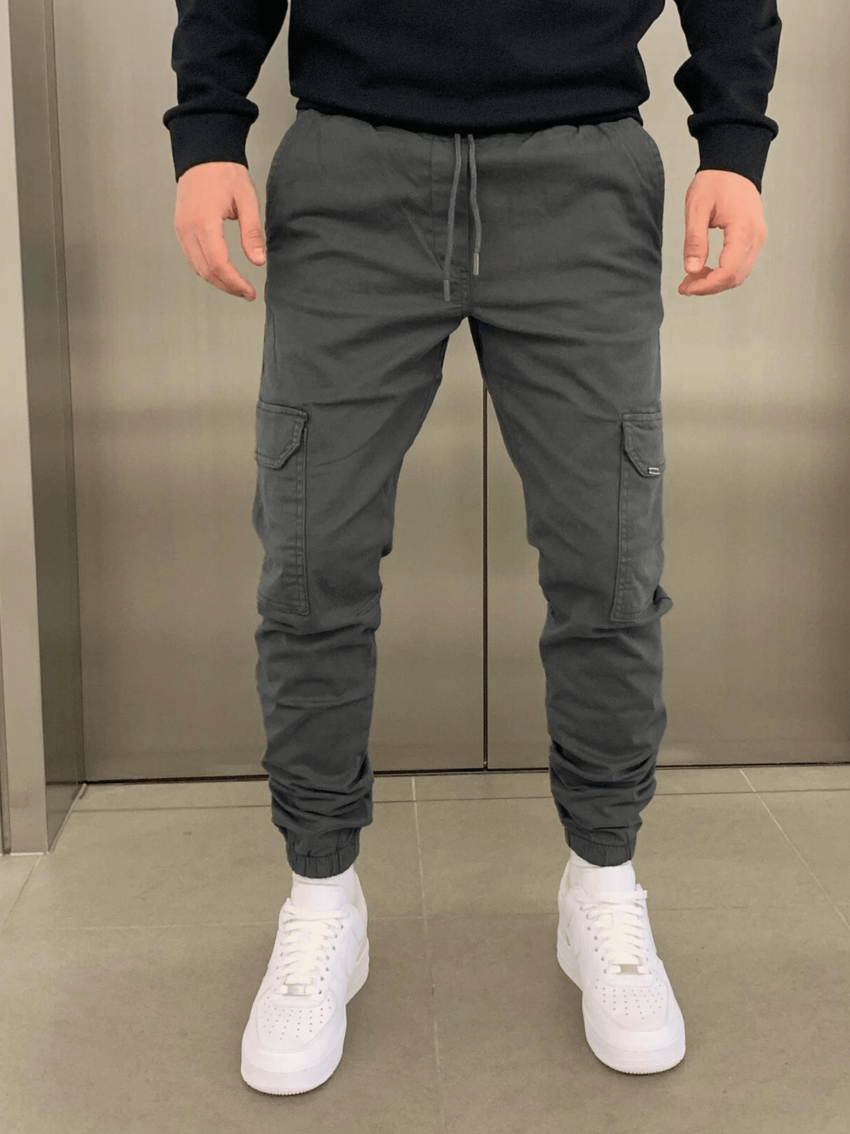 Pantalon jogger cargo homme ajusté, taille élastique, six coloris, gris