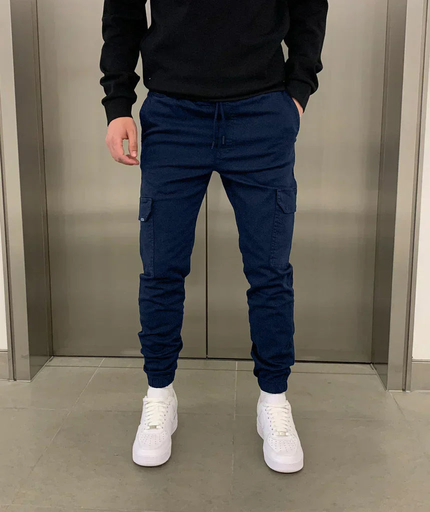 Pantalon jogger cargo homme ajusté, taille élastique, six coloris, bleu marine