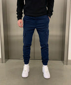 Pantalon jogger cargo homme ajusté, taille élastique, six coloris, bleu marine