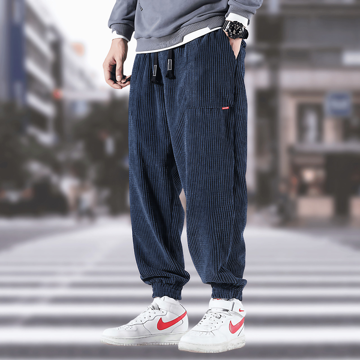 Pantalon homme en velours côtelé, du M au 5XL, bleu foncé