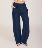 Pantalon large femme taille haute élastique, douze coloris, bleu marine