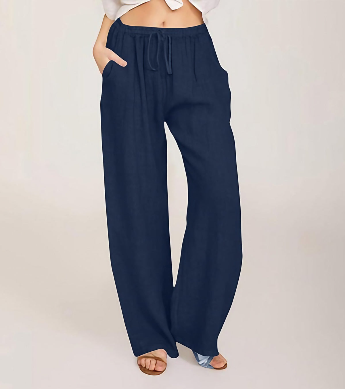 Pantalon large femme taille haute élastique, douze coloris, bleu marine