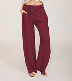 Pantalon large femme taille haute élastique, douze coloris, rouge foncé