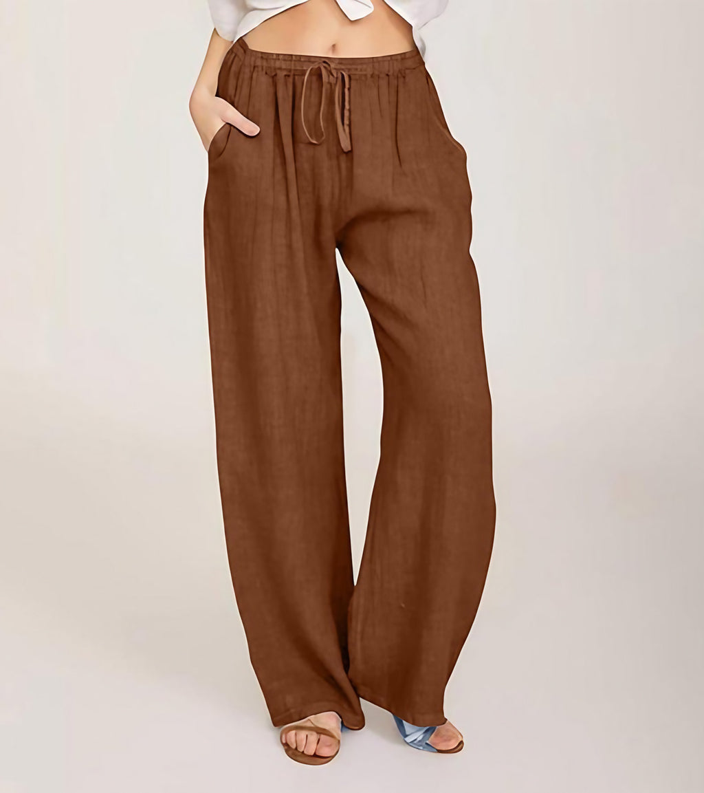 Pantalon large femme taille haute élastique, douze coloris, café