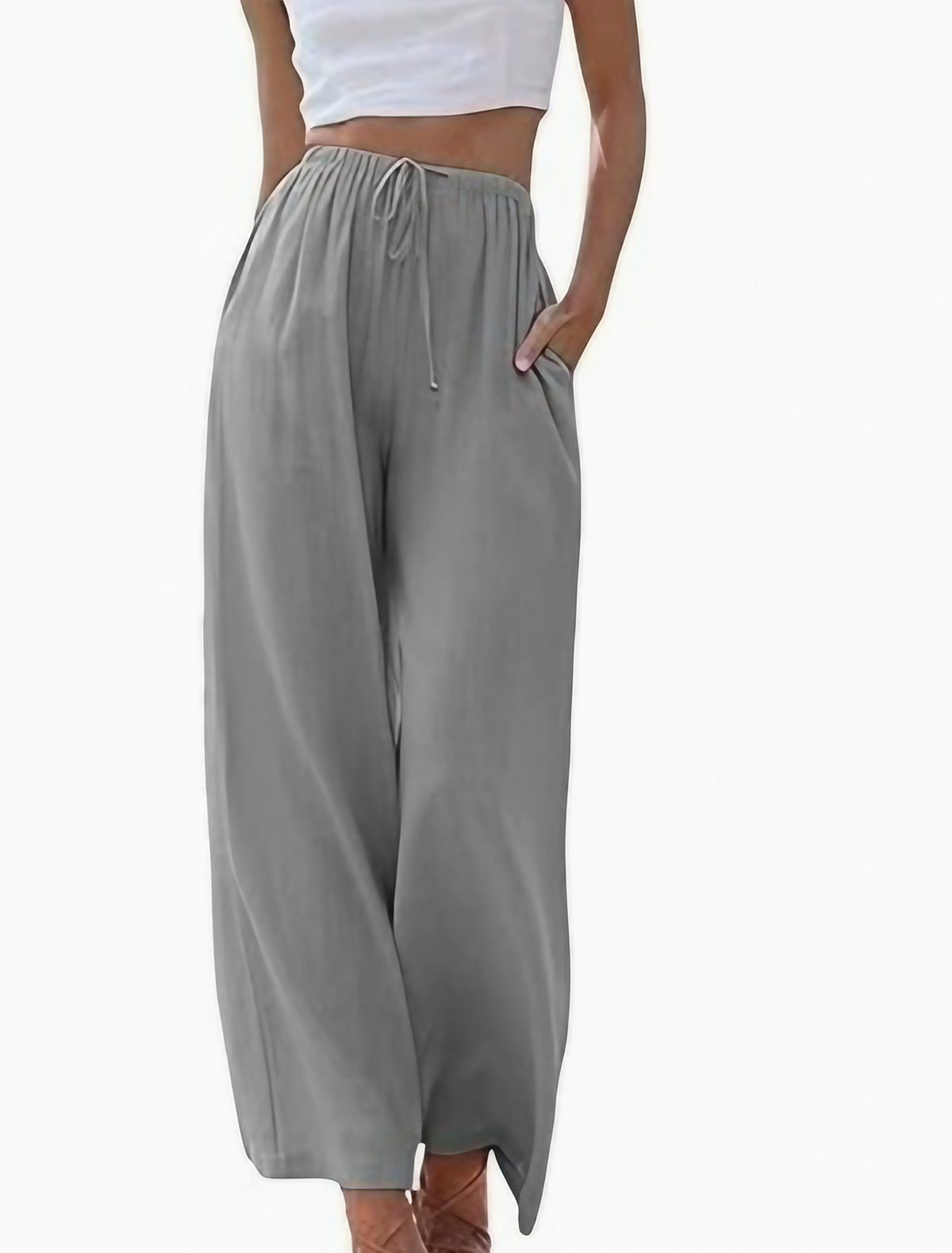 Pantalon large femme taille haute élastique, douze coloris, gris argenté