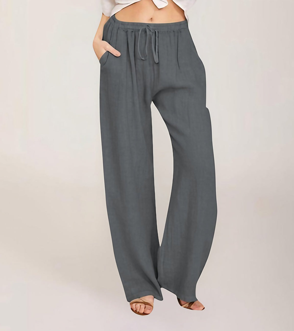 Pantalon large femme taille haute élastique, douze coloris, gris foncé