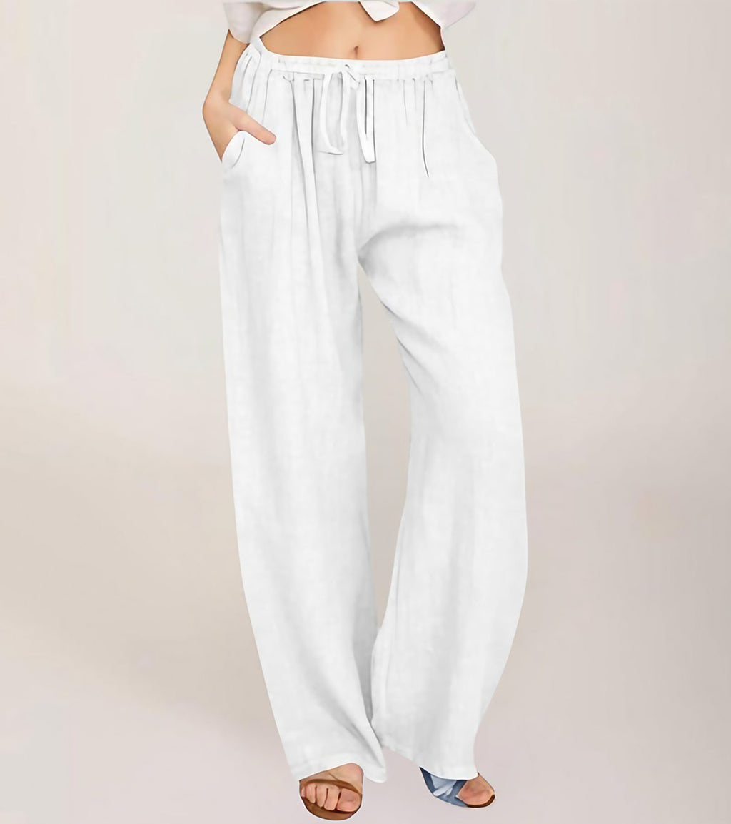 Pantalon large femme taille haute élastique, douze coloris, blanc