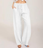 Pantalon large femme taille haute élastique, douze coloris, blanc