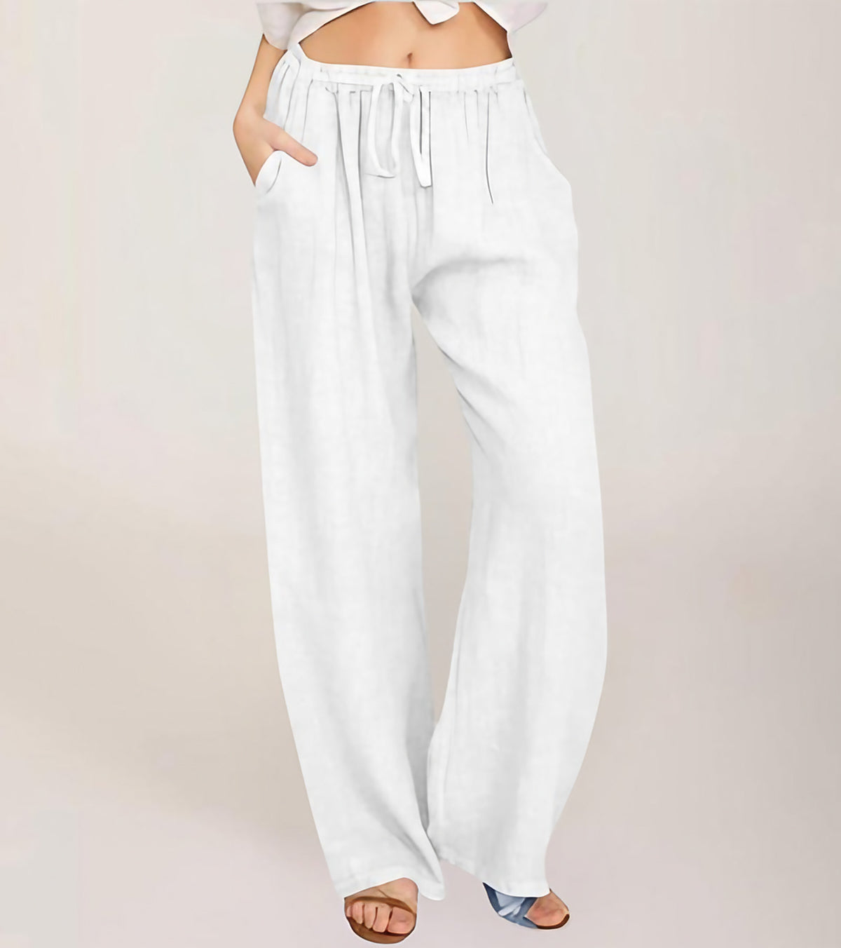 Pantalon large femme taille haute élastique, douze coloris, blanc