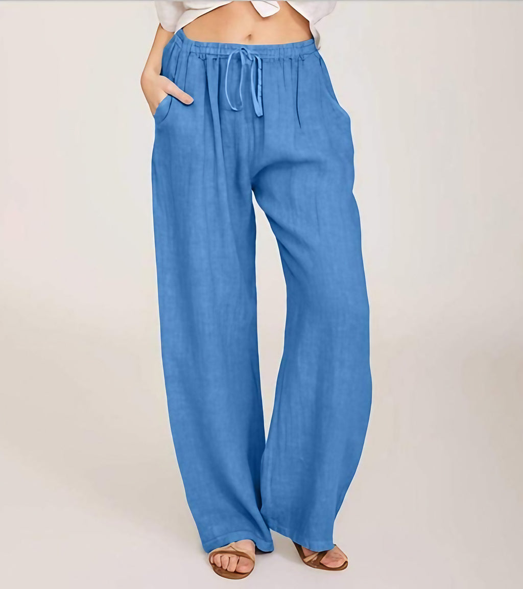Pantalon large femme taille haute élastique, douze coloris, bleu saphir