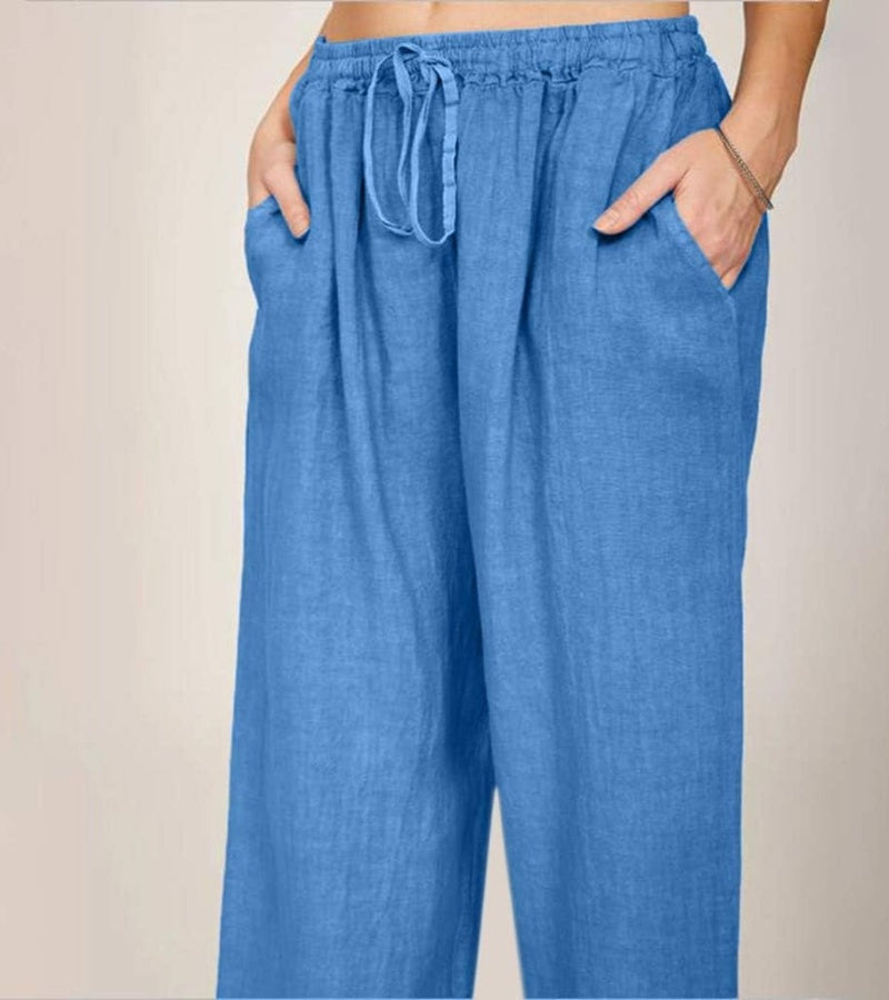 Pantalon large femme taille haute élastique, douze coloris